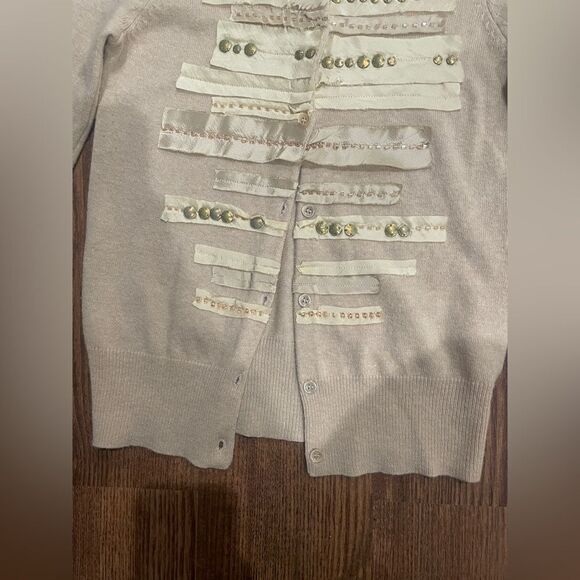 Vintage J. Crew Taupe Wool Cashmere Blend Cardigan Silk Ribbon Beads Size XS - Picture 6 of 8
